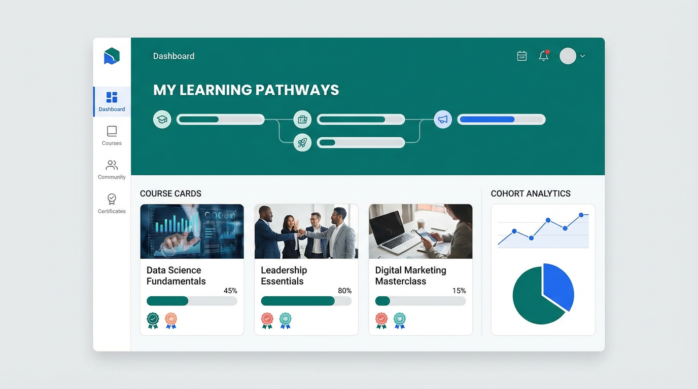 Learning platform experience with course paths, learner progress, and cohort analytics.